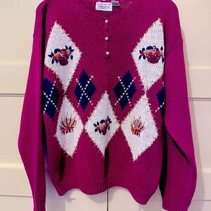 Women's VTG Vibrant Plum Color Argyle Sweater